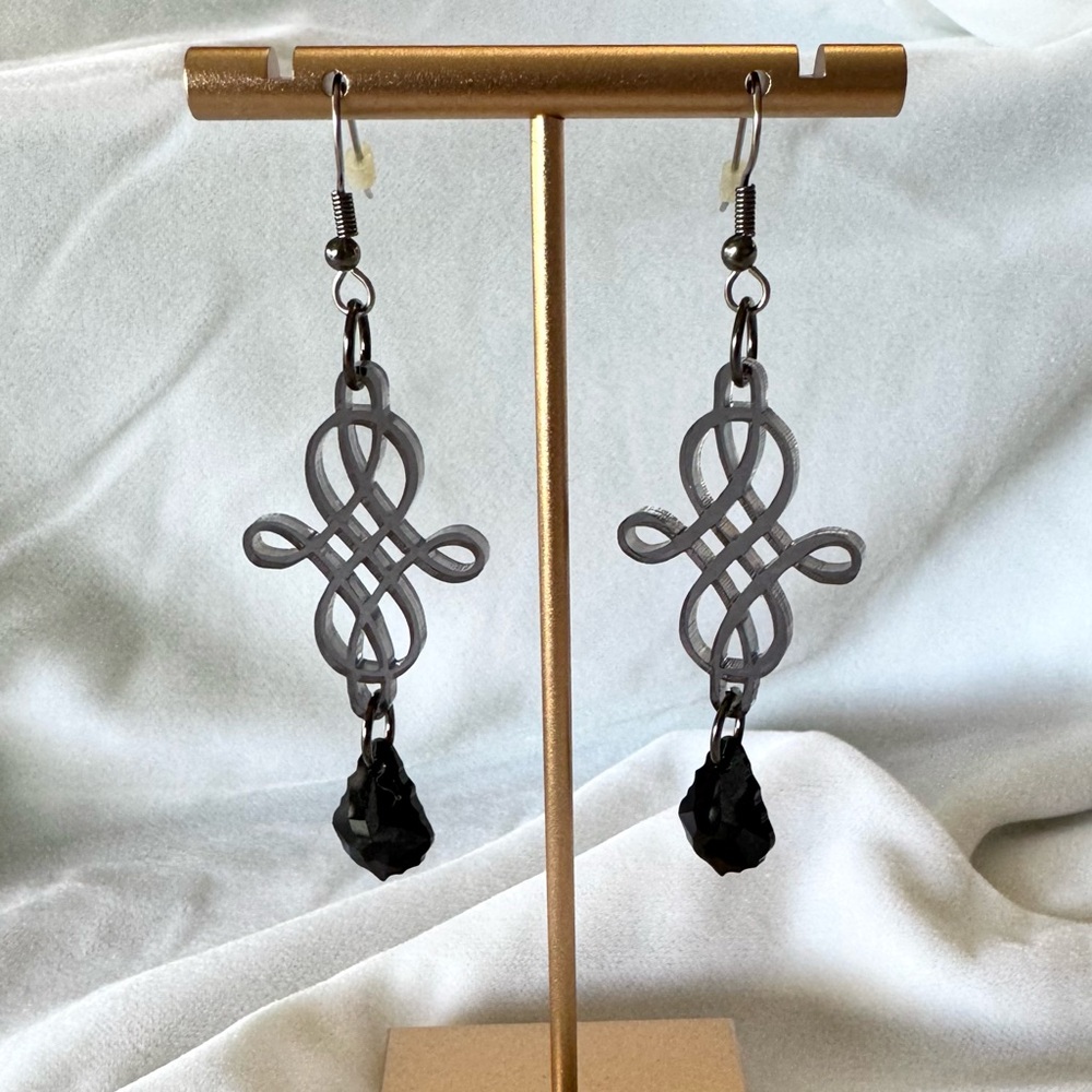 Hand crafted laser cut black earrings w/ faceted gem drops